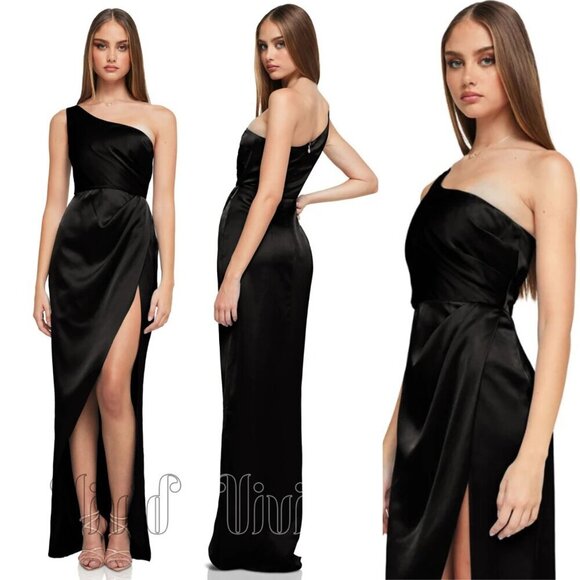 New! Nookie Virtue Black Satin One Shoulder Long Gown Maxi Dress 37680